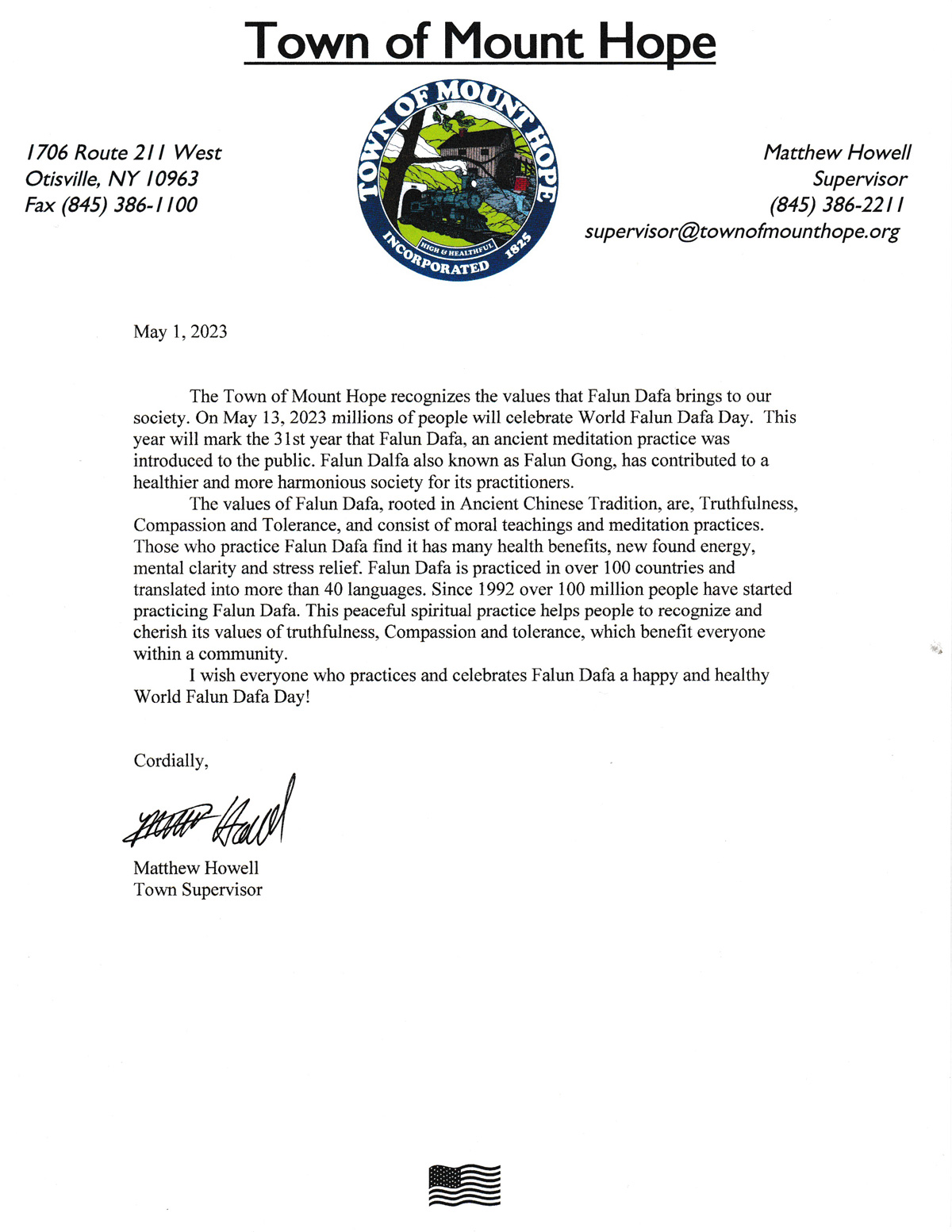 图3:纽约州橙县希望山镇(The Town of Mount Hope)镇长马修·豪厄尔(Matthew Howell)发来的贺信。
