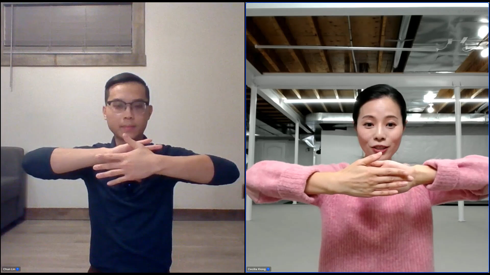 图1:法轮功学员在网上教功班中展示法轮功的功法动作