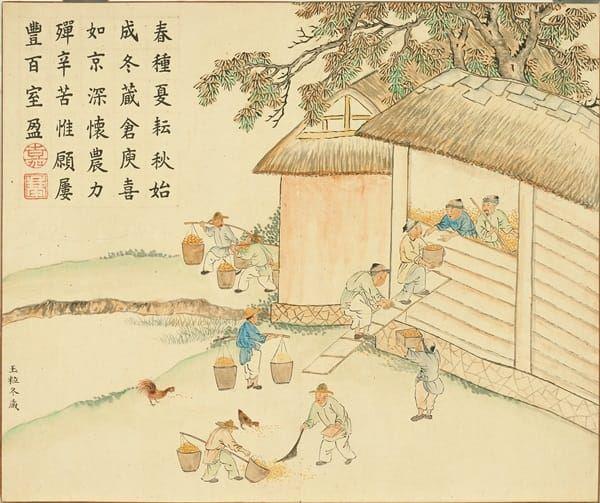 '农作物收晒完毕、收藏入库。(清 黄钺《春台熙皋・册・玉粒冬藏》,台北故宫博物院)'