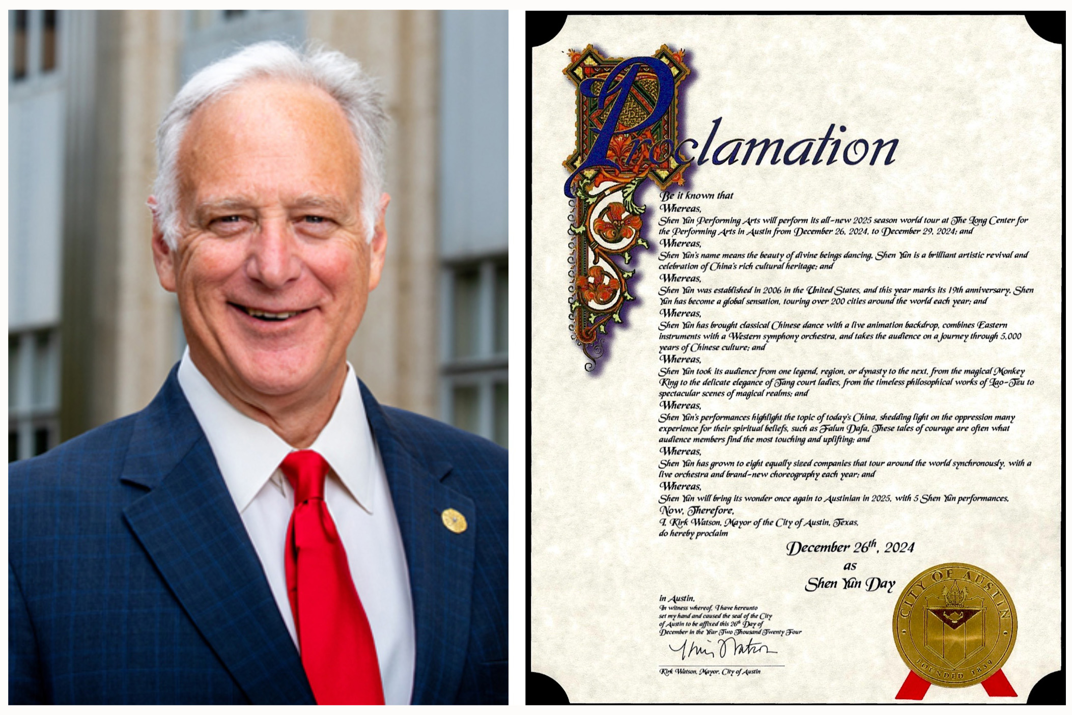 图2:美国德州奥斯汀市长柯克・沃森(Kirk Watson)为神韵发来褒奖信。(大<span style='max-width:0px!important;margin-left:-4px;color:#eee!important;'>.</span>纪<span style='max-width:0px!important;margin-left:-4px;color:#eee!important;'>.</span>元<span style='max-width:0px!important;margin-left:-4px;color:#eee!important;'>;</span>合成图)
