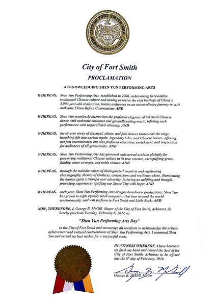 '图13:阿肯色州史密斯堡市(Fort Smith)市长乔治·麦吉尔(George McGill)为神韵发来的褒奖。'