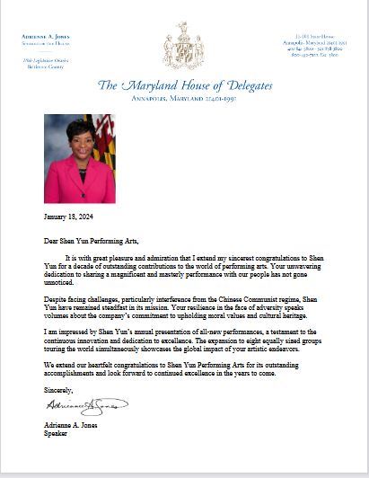 '图15:美国马里兰州众议院议长阿德里安•琼斯(Adrienne A. Jones)特别致信祝贺神韵艺术团,称赞神韵对全世界的表演艺术做出杰出的贡献。'