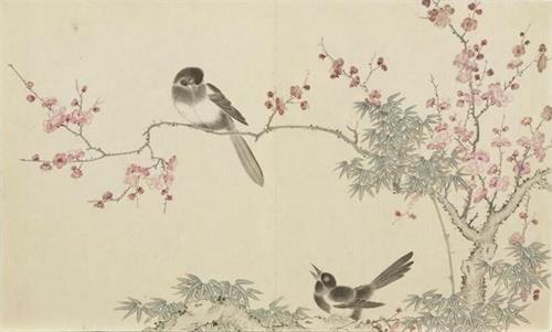 '清 董诰《平安春喜?梅竹双鹊》。(公有领域)'