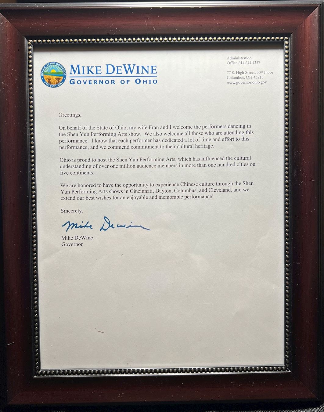 '图13:俄亥俄州州长迈克·德温(Mike DeWine)的贺信(由当地神韵主办方提供)'