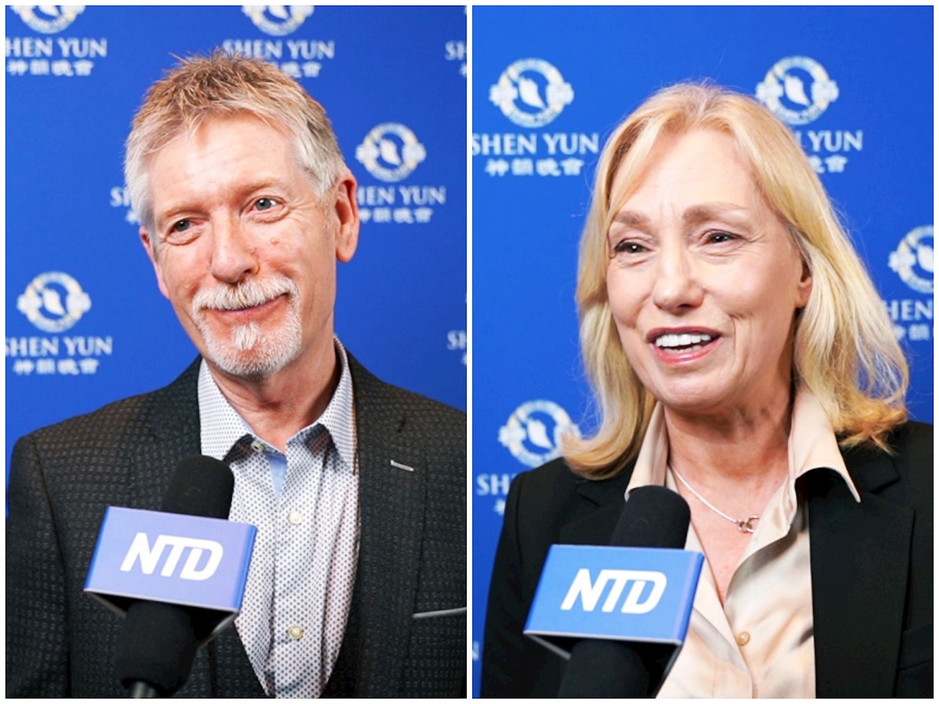 '图13:乔·雷尼(Joe Rennie)先生和妻子莉亚(Lea Rennie)盛赞神韵演出。乔·雷尼先生说:“演出真的是壮丽辉煌。”妻子莉亚赞神韵演员:“才华横溢”。'