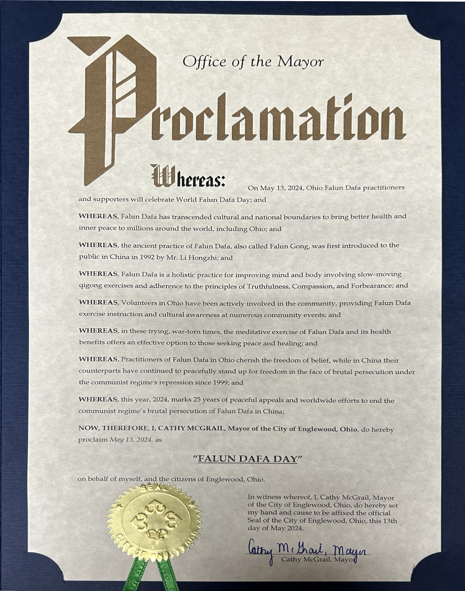 俄亥俄州伊格尔伍德市法轮大法日颁奖书