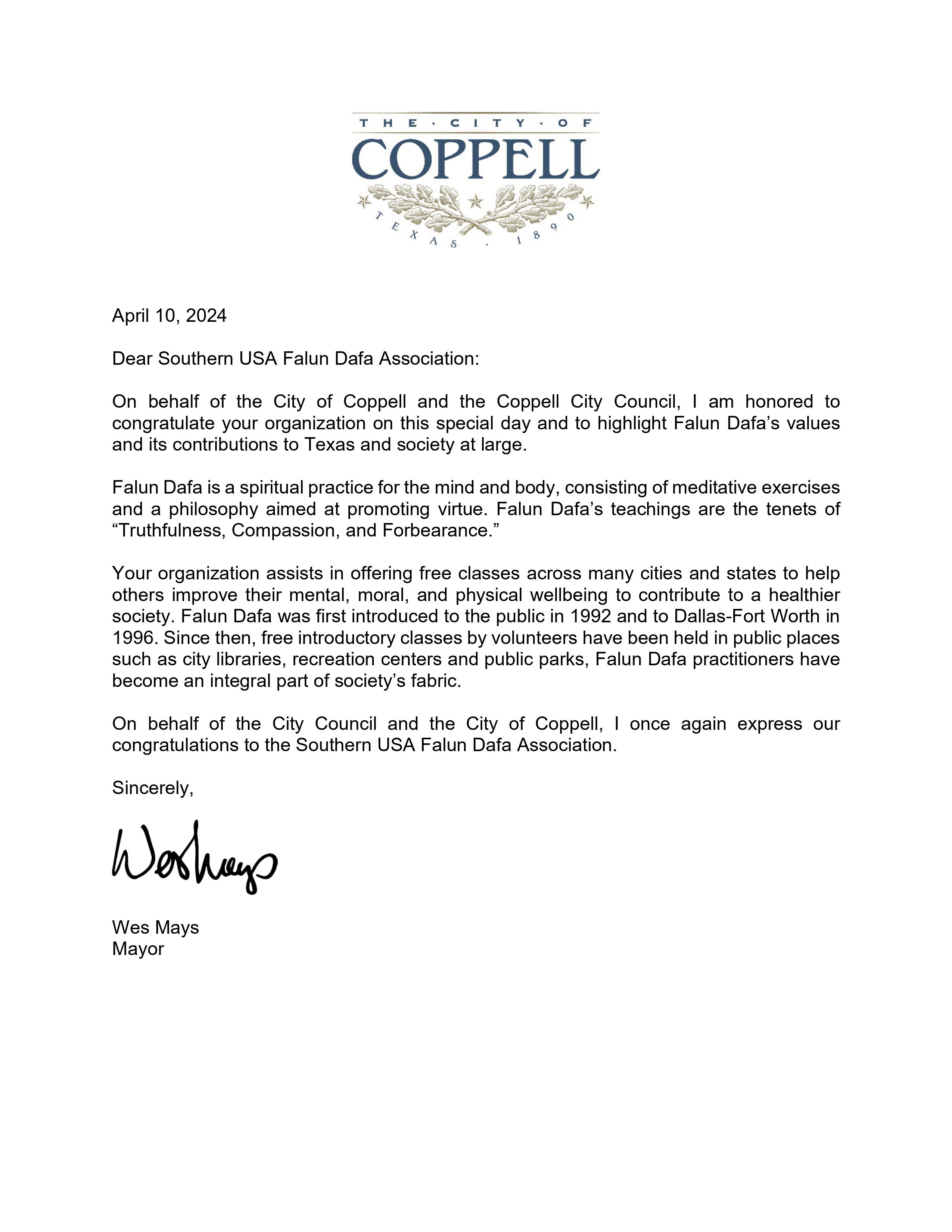 图1~2:美国德州科佩尔(City of Coppell)市长韦斯·梅斯(Wes Mays的)的贺信。