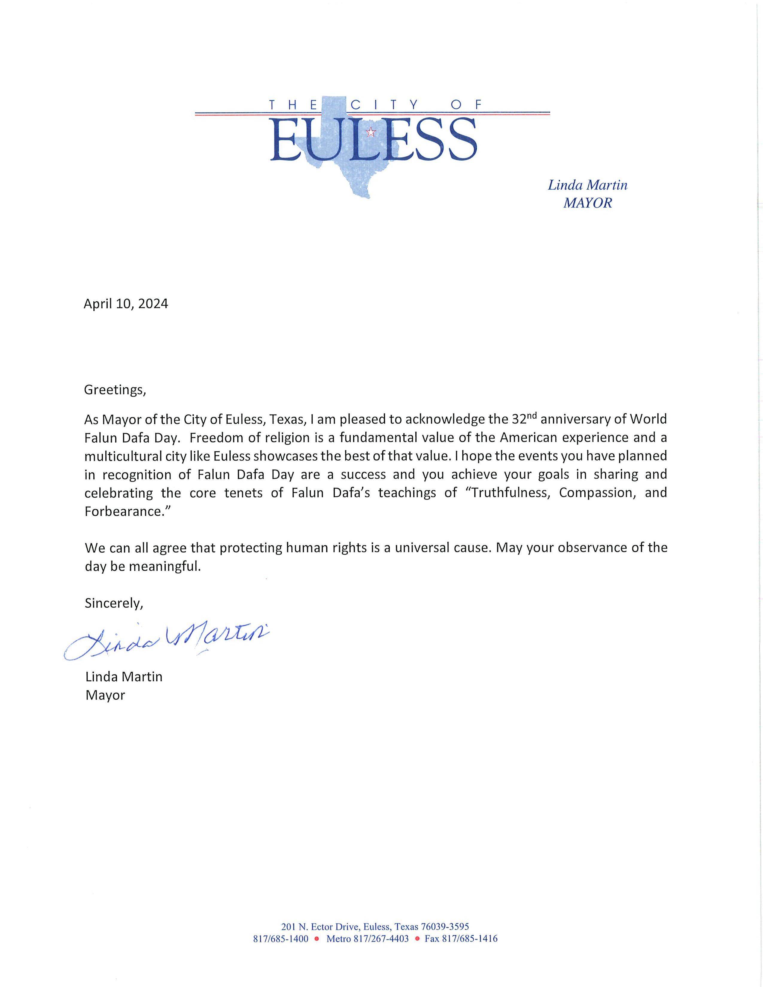 图3~4:美国德州尤利斯市(City of Euless)市长琳达·马丁(Linda Martin)的贺信。