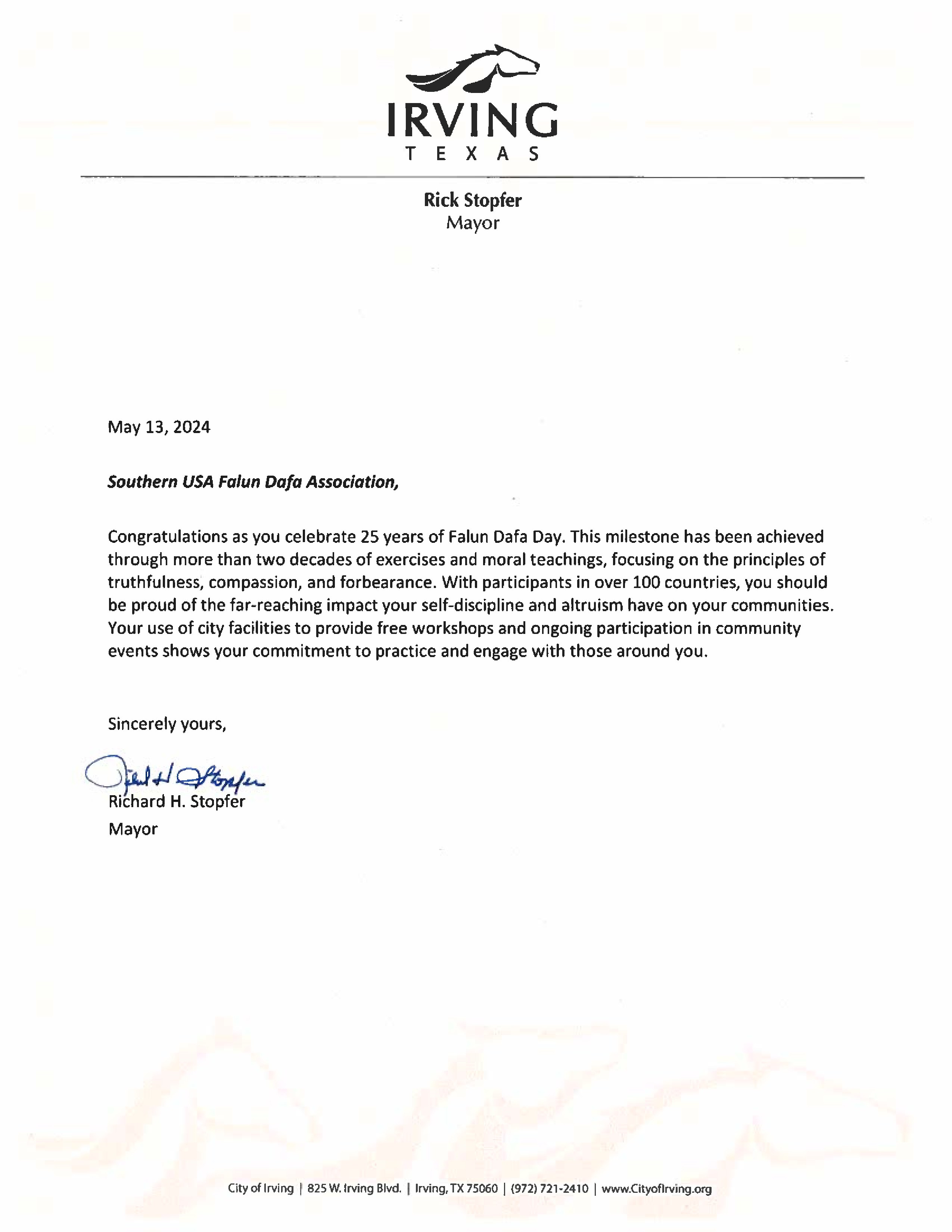 图5~6:美国德州欧文市(City of Ivring)市长理查德·斯托弗(Richard Stopfer)的贺信。