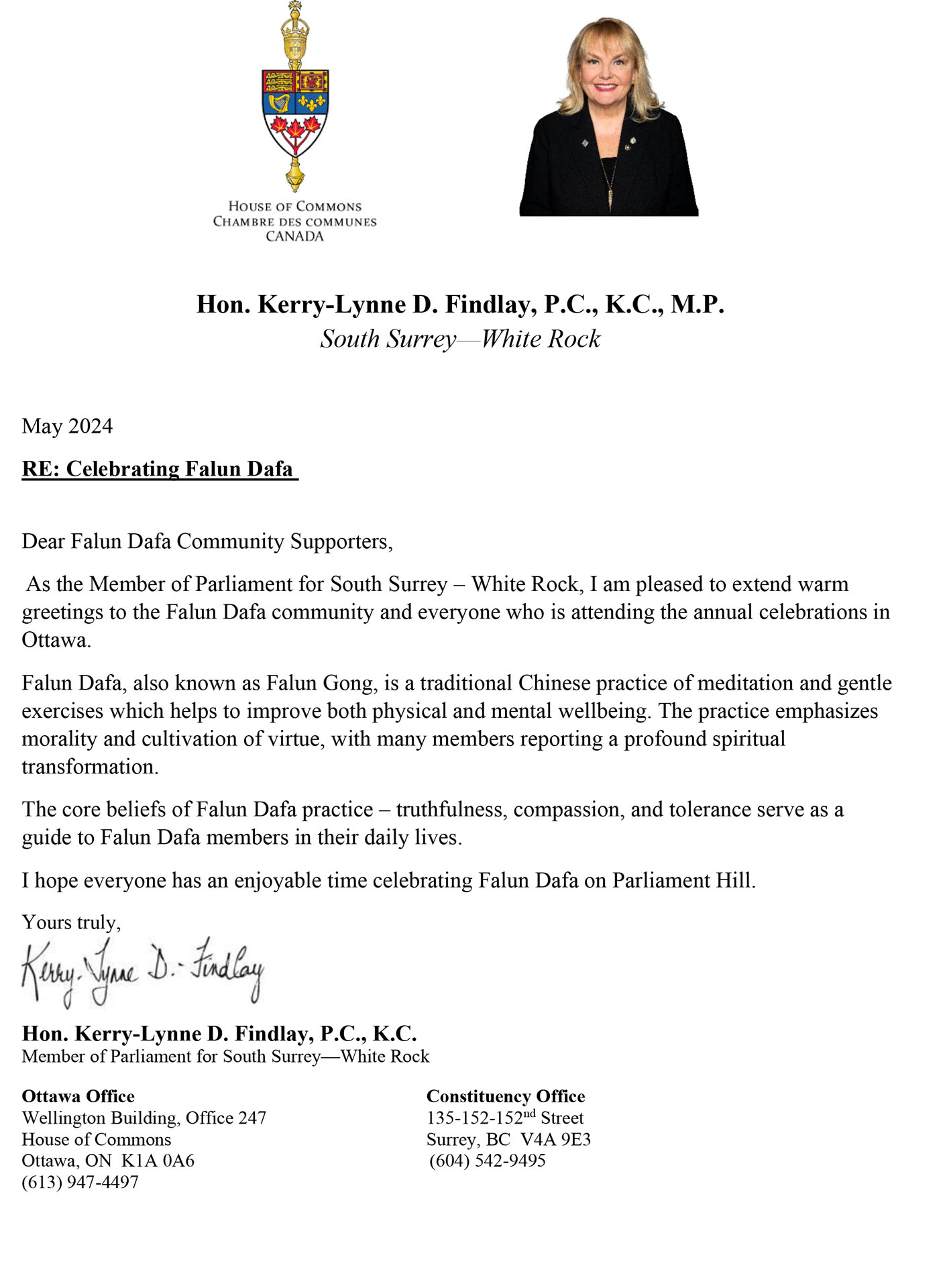 图02南素里-白石选区国会议员冯杰妮(Kerry-Lynne D.Findlay)的贺信