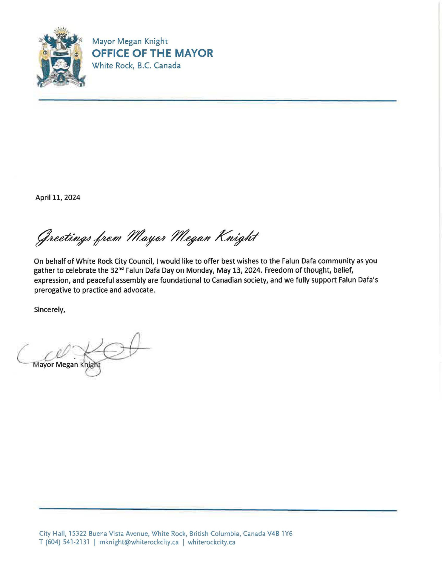 图03白石镇市长梅根‧奈特(Megan Knight)贺信