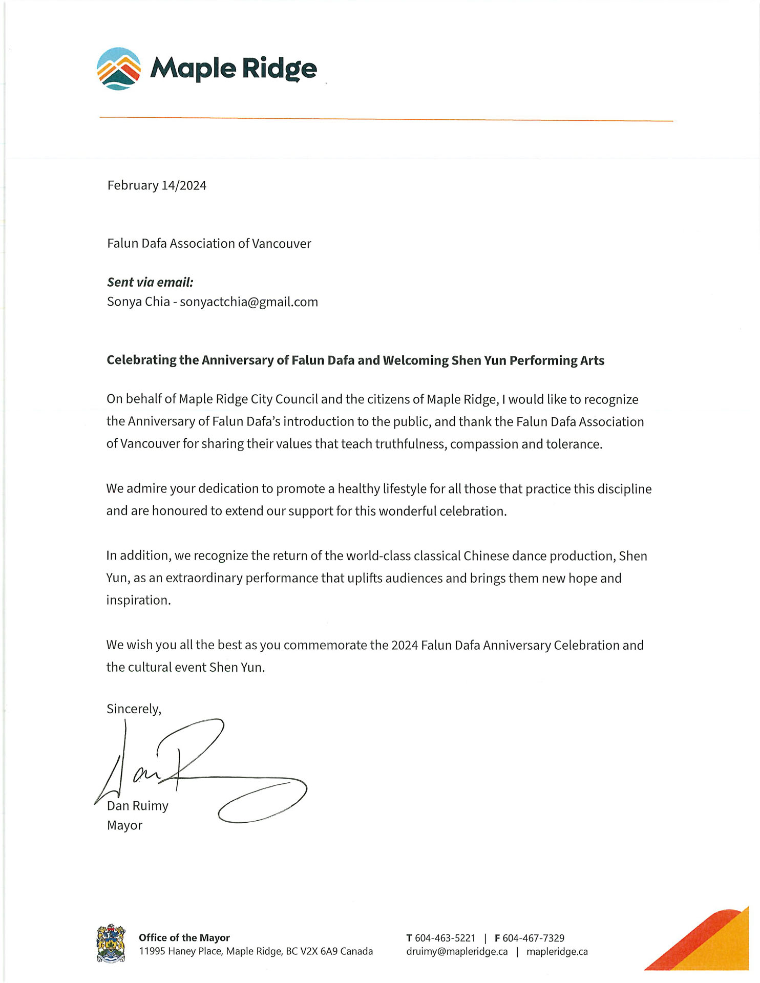 图5:枫树岭市市长丹·瑞米(Dan Ruimy)的贺信