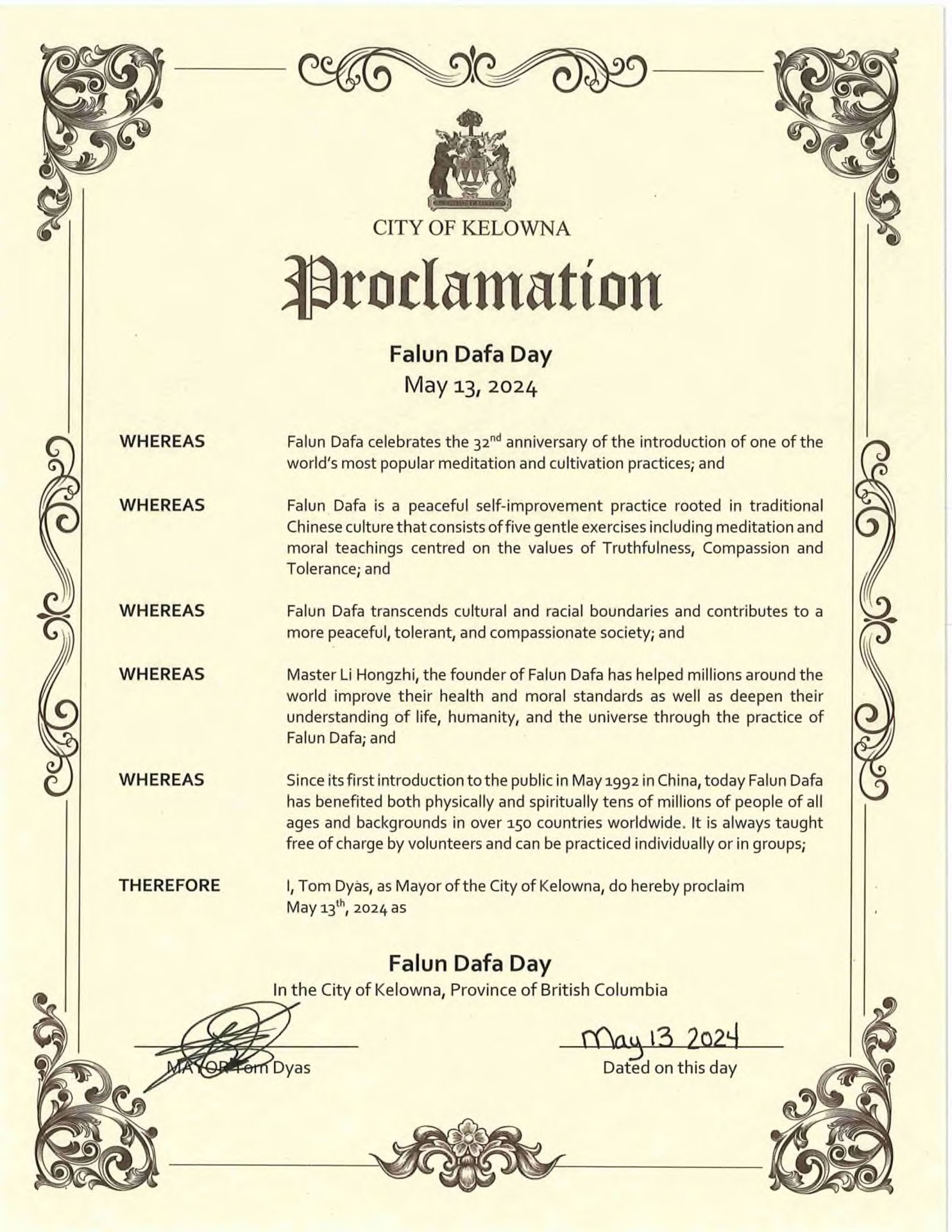 图6:基隆拿市市长汤姆‧迪亚斯(Tom Dyas)颁发的褒奖令