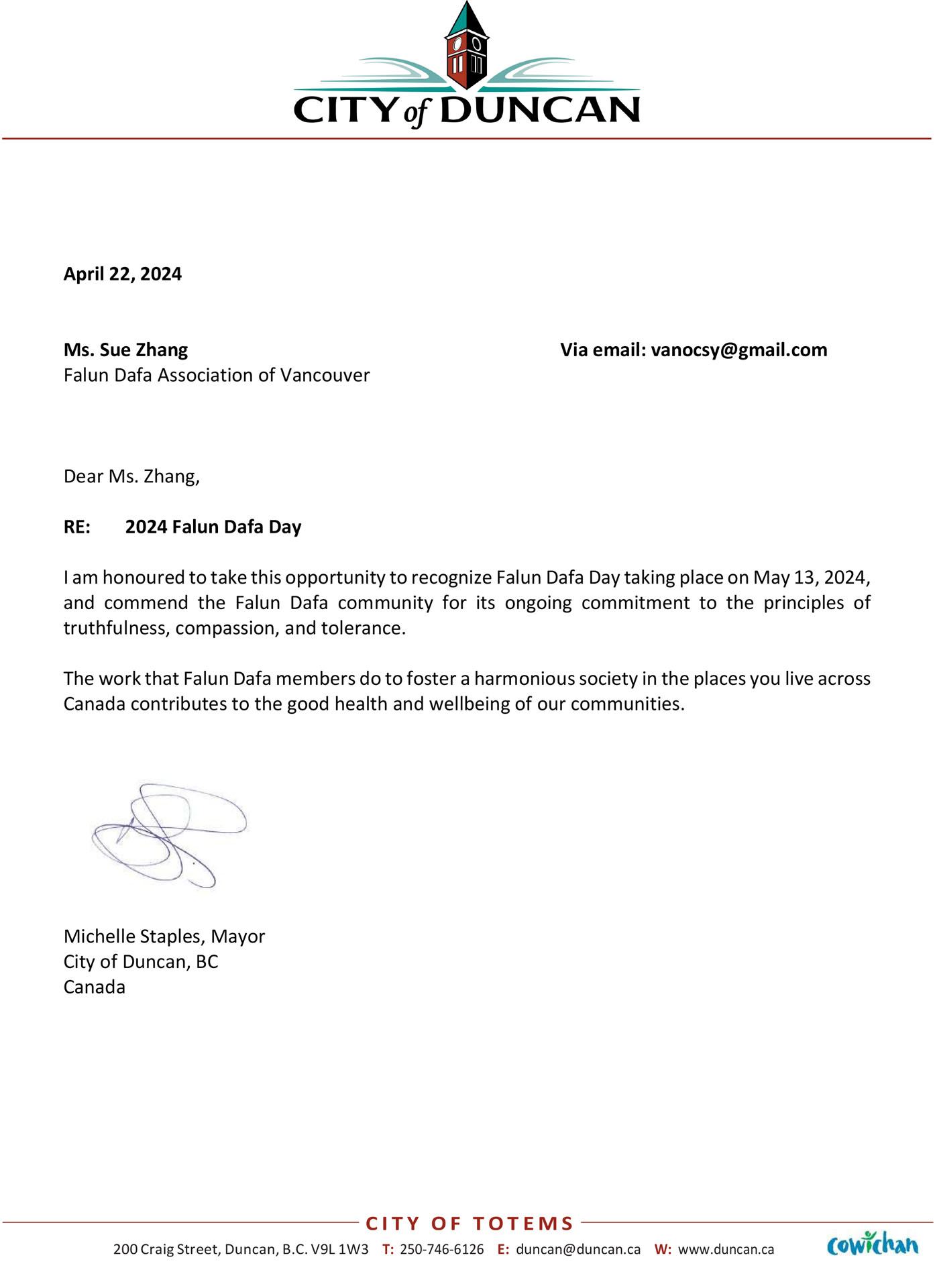 图7:邓肯市市长米歇尔·斯台普斯(Michelle Staples)贺信