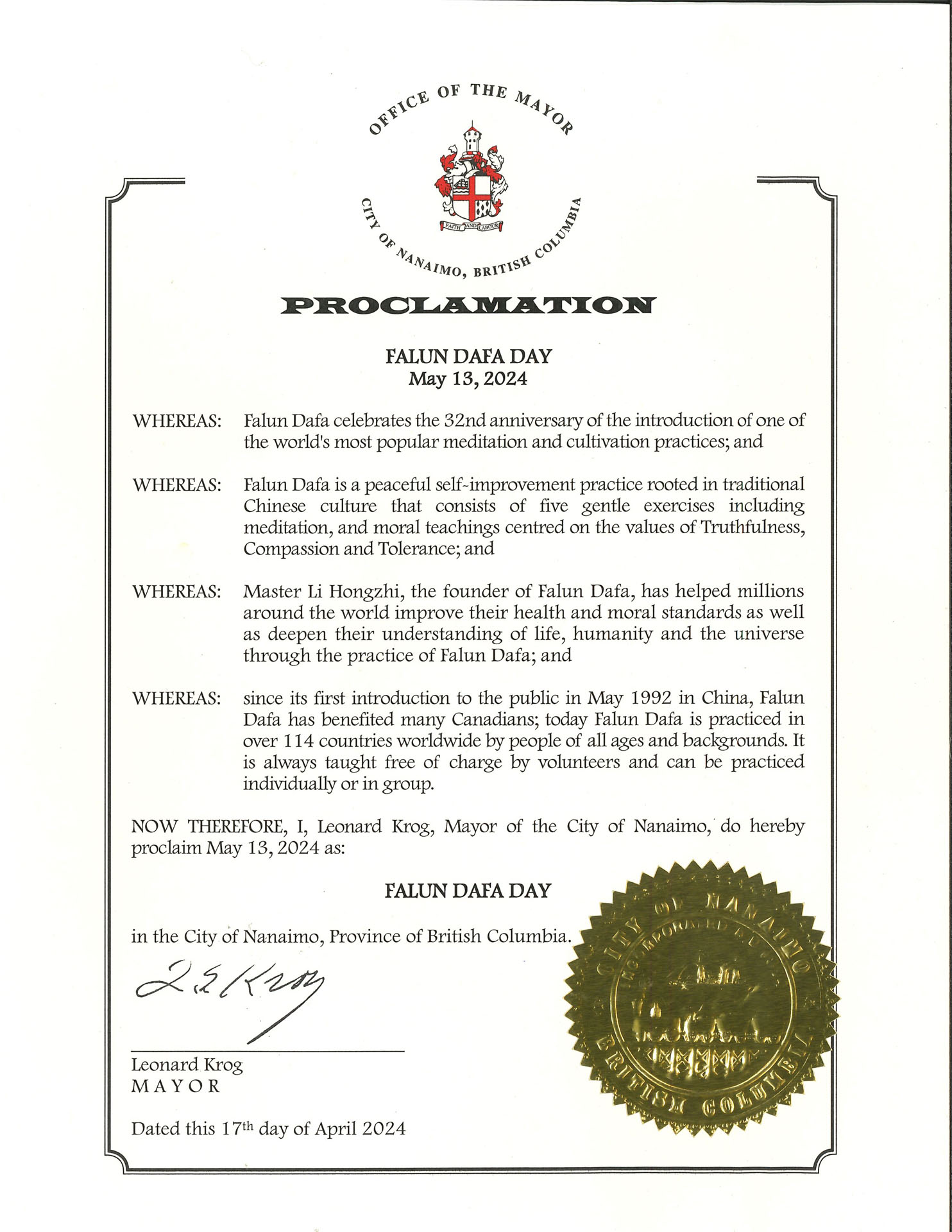 图8:纳奈莫市市长伦纳德‧克罗格(Leonard Krog)颁发的褒奖令: