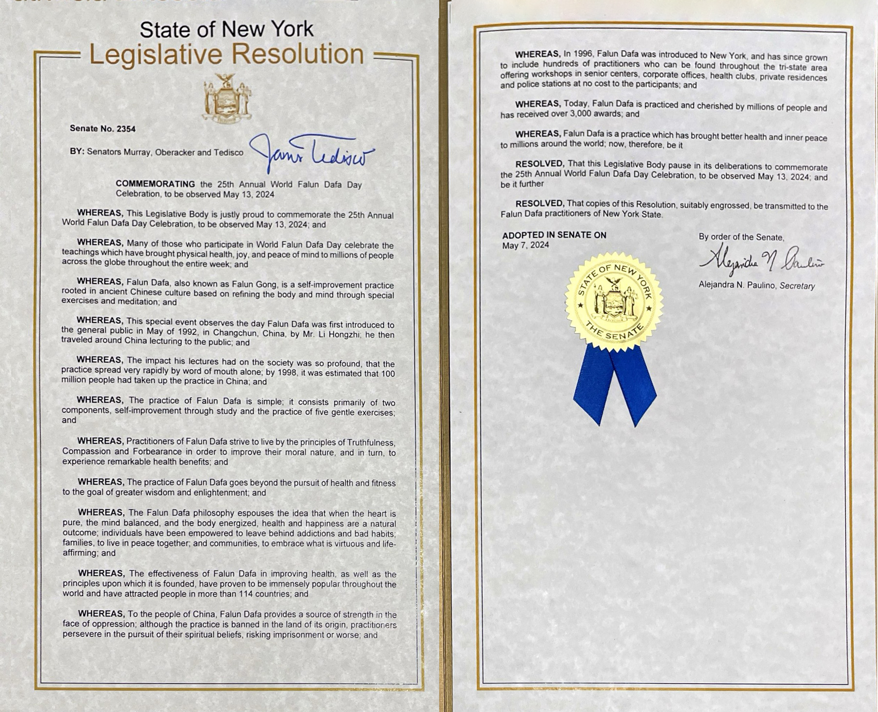 图:纽约州参议院决议案 恭贺世界法轮大法日
