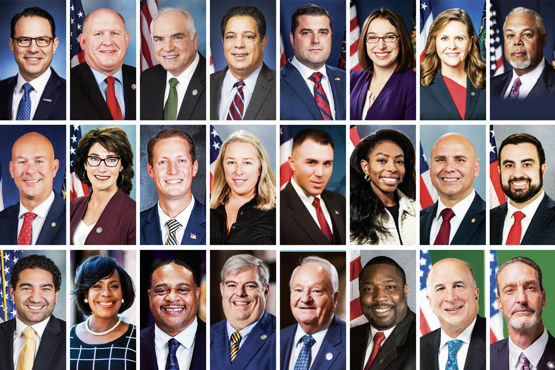 图1:在二零二四年世界法轮大法日到来之际,美国宾州各级政府官员纷纷发来贺信祝贺法轮大法日、褒奖法轮大法。上排左起:宾州州长Josh Shapiro,美国国会众议员Glenn Thompson和Mike Kelly;宾州参议员Jay Costa、Devlin Robinson、Lindsey Williams、Camera Bartolotta、Anthony Williams和Pat Stefano;宾州众议员Mary Isaacson、Robert M. Mercuri、Mandy Steele、Ryan A. Bizzarr、Lindsay Powell、Robert E. Merski、Nickolas Pisciottano、Joshua Kail;费城市长Cherelle Parker;匹兹堡市长Ed Gainey;宾州阿勒格尼县行政长官Patrick J. Catena和县议员Bob Macey;费城市议会议长Kenyatta Johnson、市议员Mark Squilla和Jim Harrity。