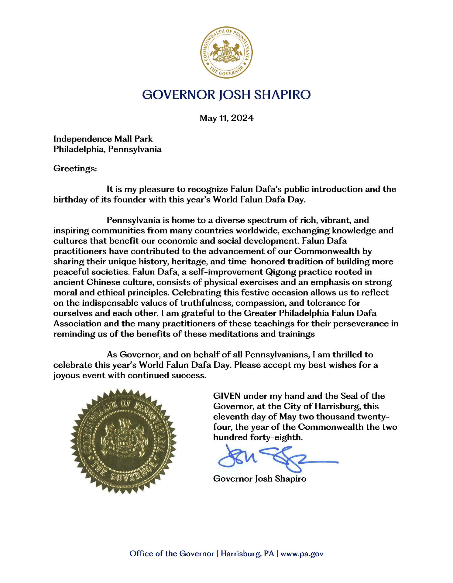 图2:宾州州长乔什‧夏皮罗(Josh Shapiro)贺信