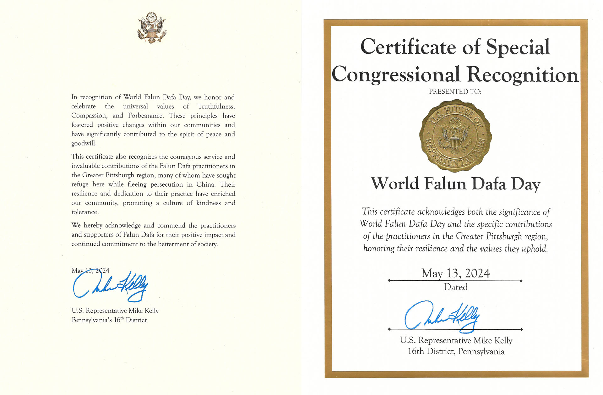 图4:联邦众议员迈克‧凯利(Mike Kelly)颁发特别证书、国会表彰