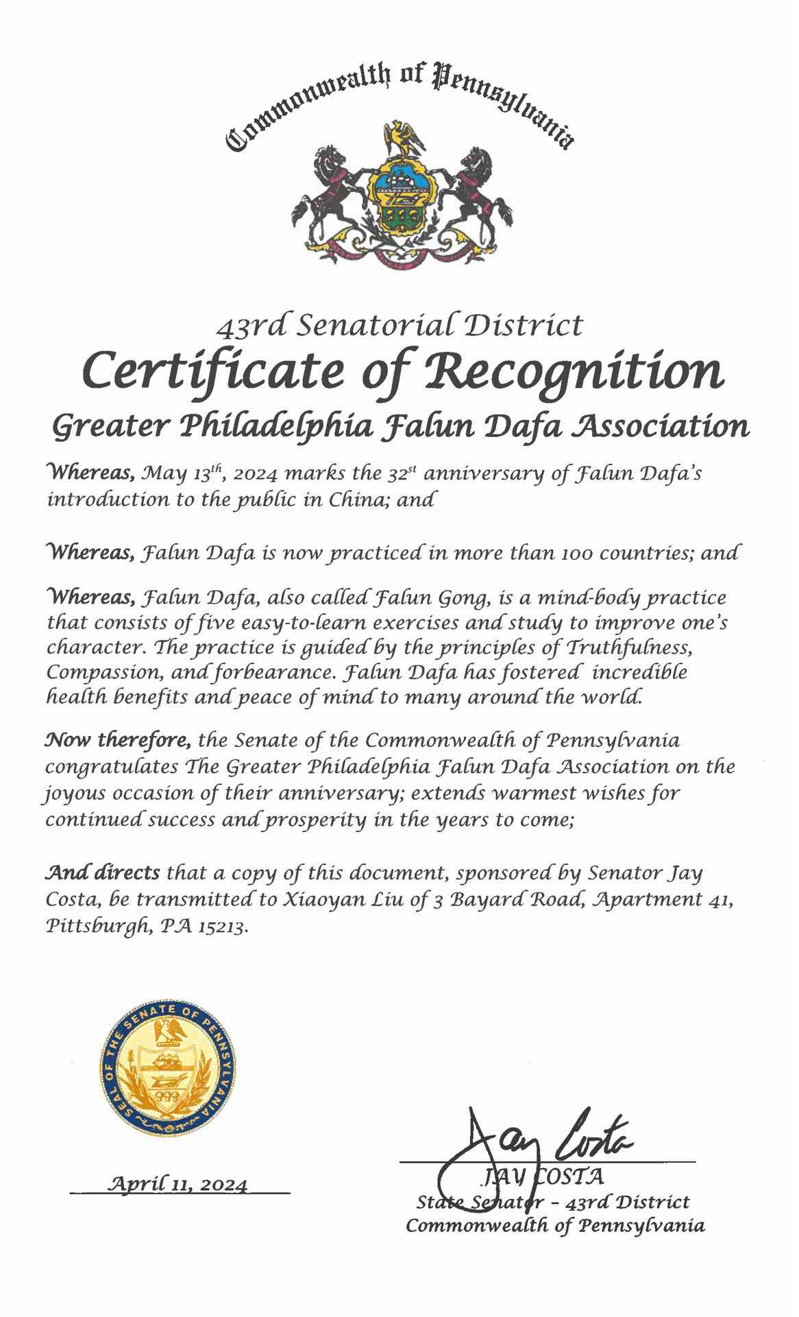 图8:宾州第43区参议员杰伊‧科斯塔(Jay Costa)颁发表彰证书