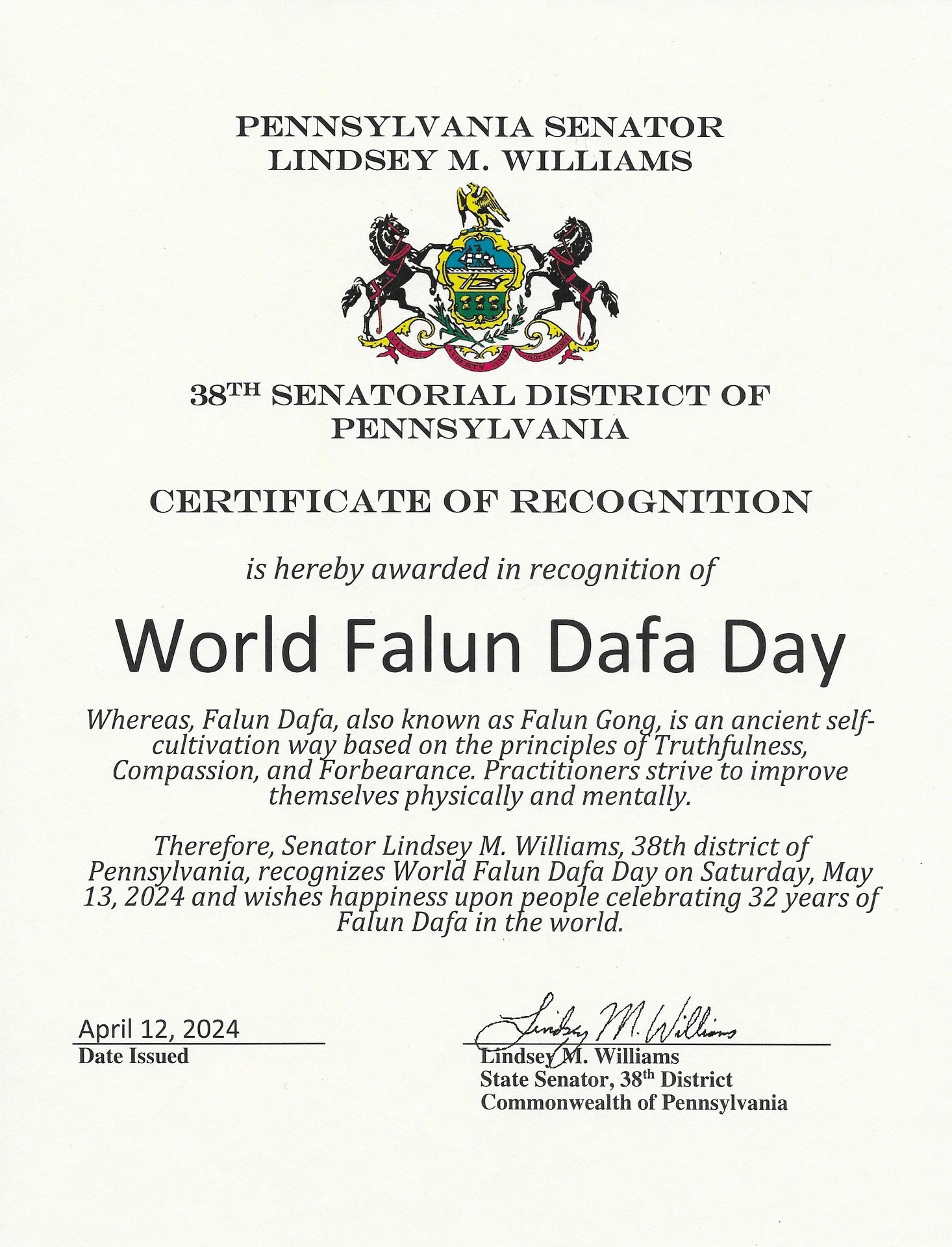 图1:宾州第38区参议员林赛‧威廉姆斯(Lindsey Williams)颁发表彰证书