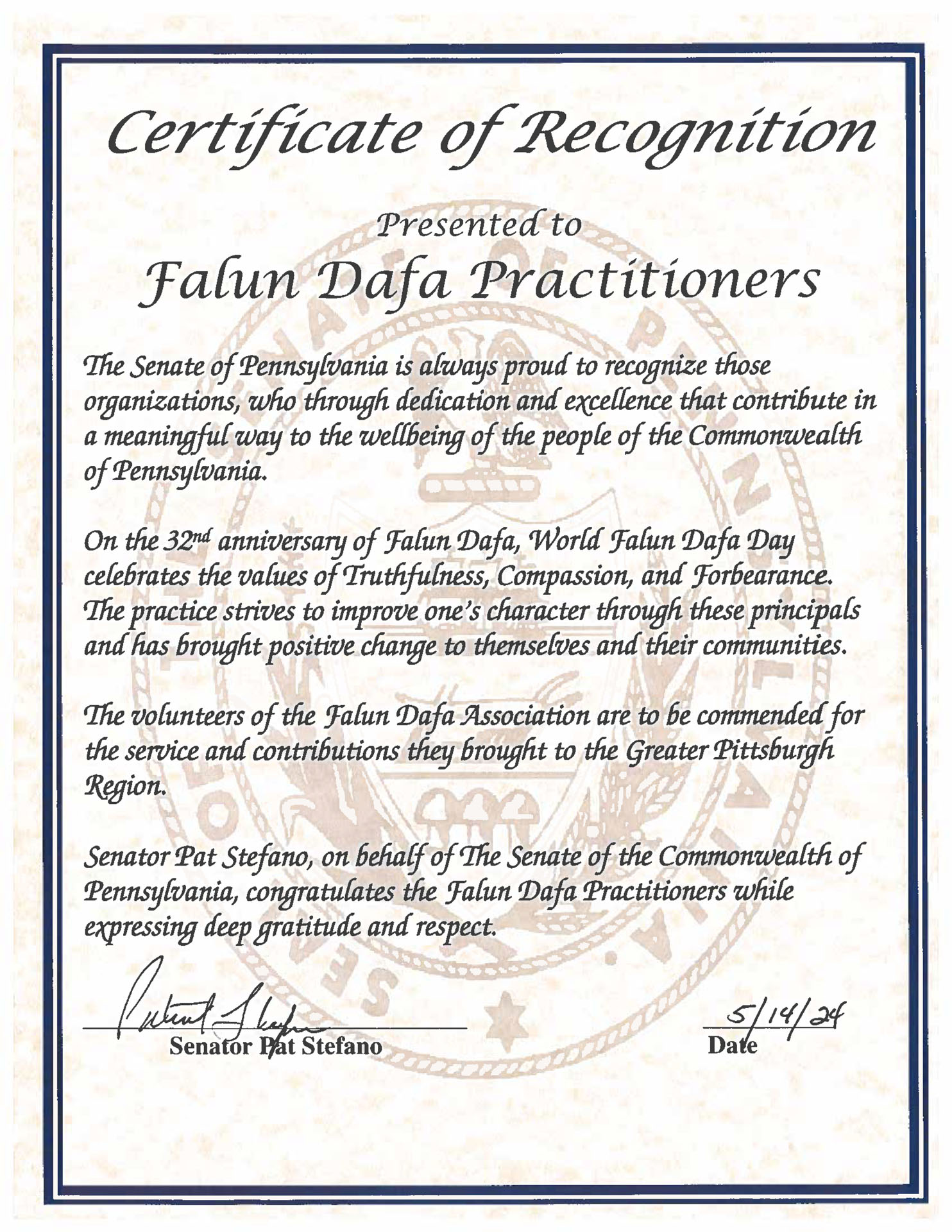 图3:宾州参议员帕特‧斯特凡诺颁发表彰证书