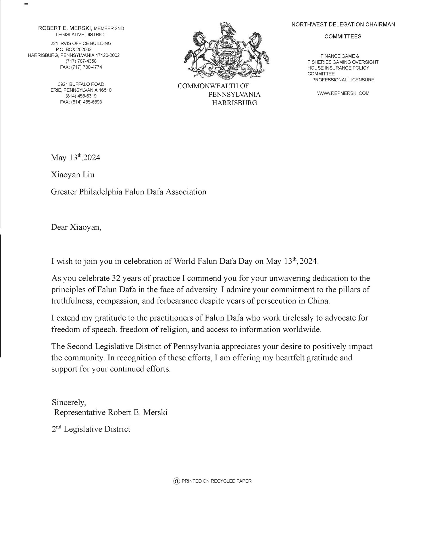 图6:宾州众议员罗伯特·默斯基(Robert E. Merski)颁发表彰证书