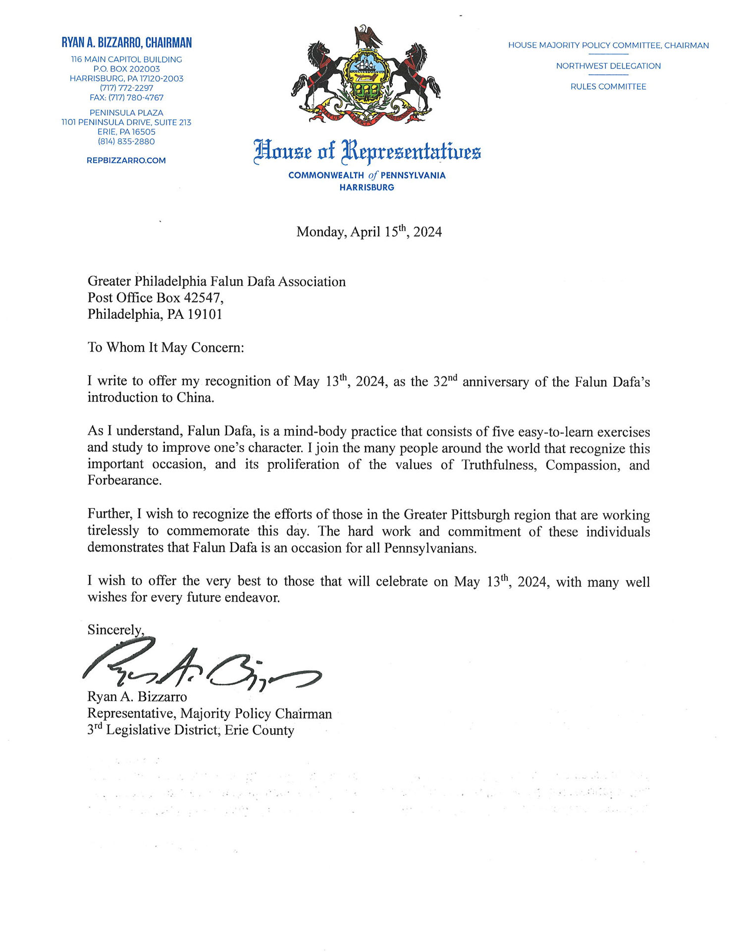 图7:宾州第3区众议员瑞安‧比扎罗(Ryan A. Bizzarr)贺信