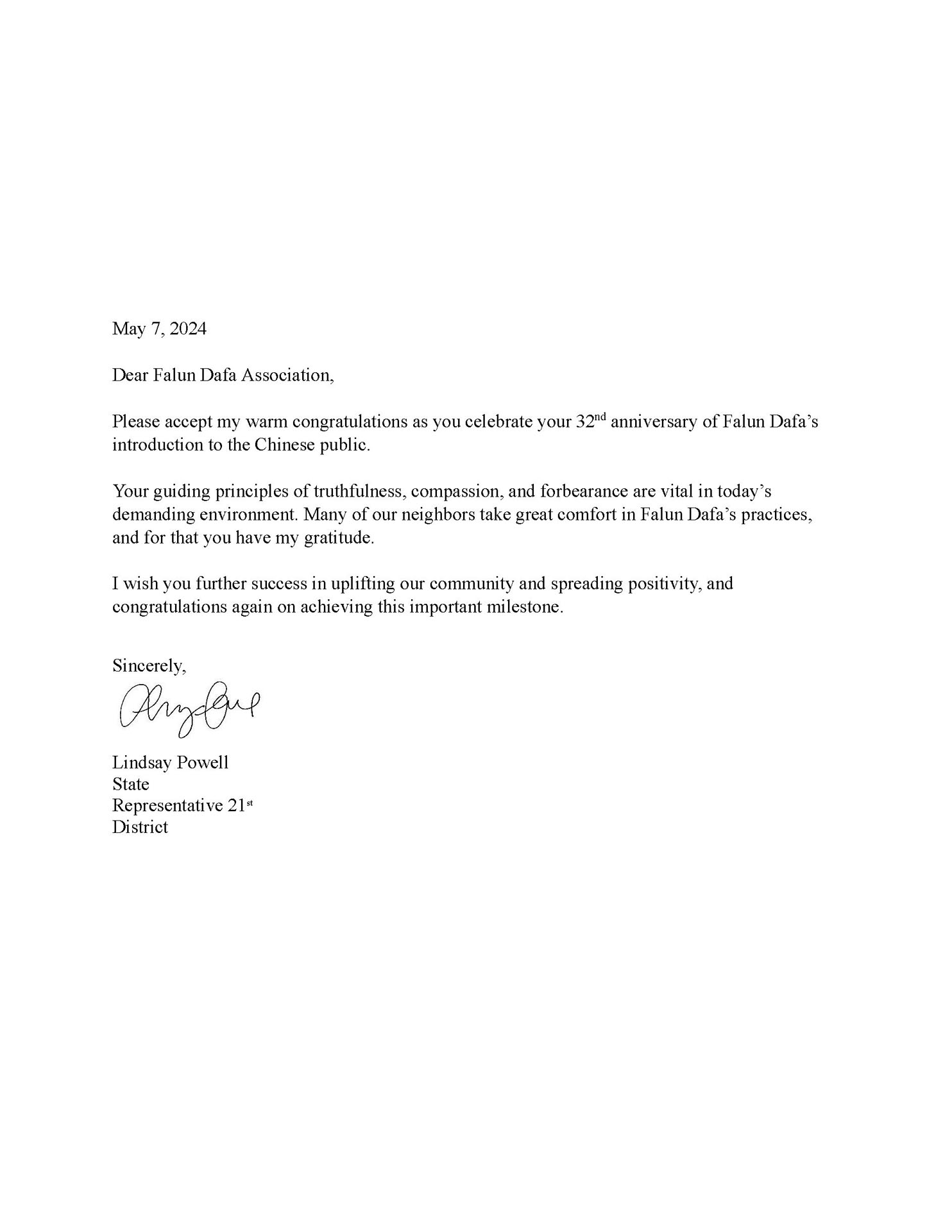 图8:宾州第3区众议员林赛‧鲍威尔(Lindsay Powell)贺信