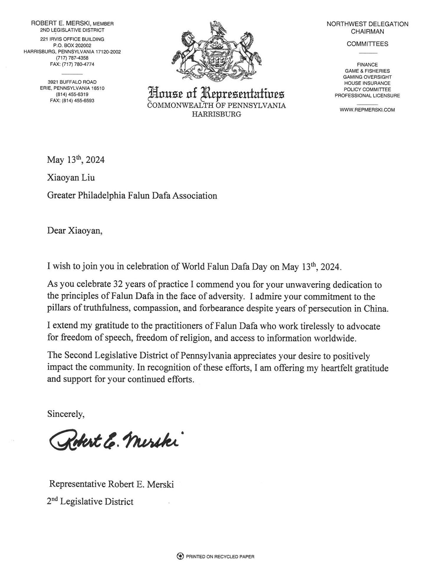 图9:宾州第2区众议员罗伯特‧梅尔斯基(Robert E. Merski)贺信