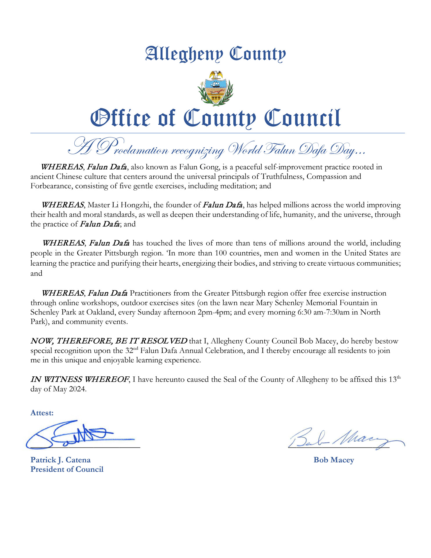 图12:宾州阿勒格尼(Allegheny)县颁发世界法轮大法日褒奖状