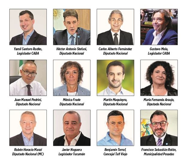 '图1:共同签署贺信由十二位民选官员联名签署,七位阿根廷国会议员和前议员、二名布宜诺斯艾利斯市议员,以及图库曼省和米西奥内斯省的民选官员。七位根廷国会议员是图由左至右,由上至下:玛丽亚·费尔南达·阿劳霍(María Fernanda Araujo)、卡洛斯·阿尔贝托·费尔南德斯(Carlos Alberto Fernández)、莫妮卡·弗拉德(Mónica Frade)、马丁·马奎拉(Martín Maquieyra)、胡安·曼努埃尔·佩德里尼(Juan Manuel Pedrini)、赫克托·安东尼奥·斯特凡尼(Héctor Antonio Stefani)和鲁本·曼齐(MC)(Rubén Manzi (MC))。此外,首都布宜诺斯艾利斯的议员古斯塔沃·莫拉(Gustavo Mola)和亚米尔·桑托罗·鲁德科(Yamil Santoro Rudko)。图库曼省议员哈维尔·诺格拉 (Javier Noguera)、塔菲维耶霍(图库曼省)议员本杰明·特拉夫(Benjamín Terraf)和波萨达斯市礼仪和公共关系主任弗朗西斯科·塞巴斯蒂安·罗隆(Francisco Sebastián Rolón)也共同签署了贺信。'