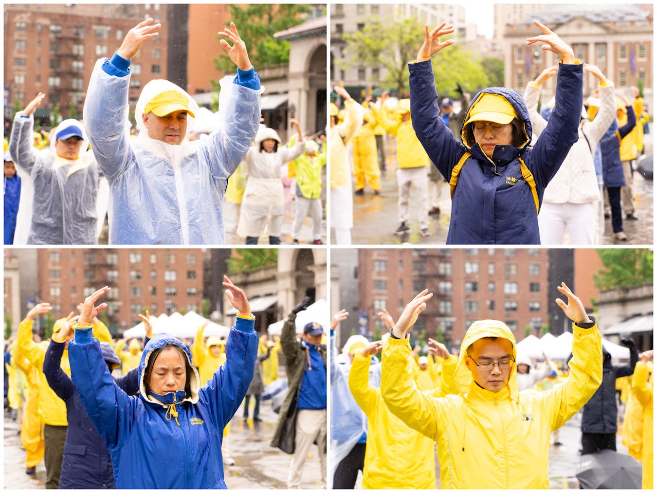 '图1~4:二零二四年五月十二日,纽约学员在曼哈顿联合广场庆祝第二十五届世界法轮大法日暨大法弘传世间三十二周年,图为学员们在集体炼功。'