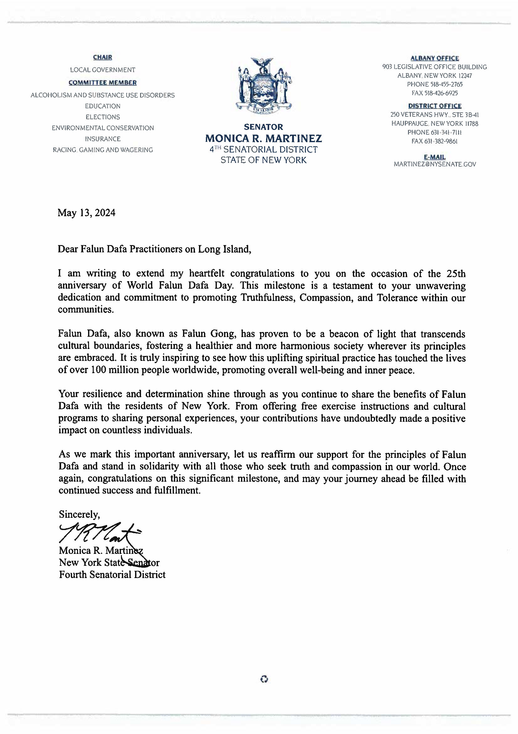 图3:纽约州第4选区参议员、地方政府委员会主席莫妮卡‧马丁内斯(Monica R. Martinez)的贺信