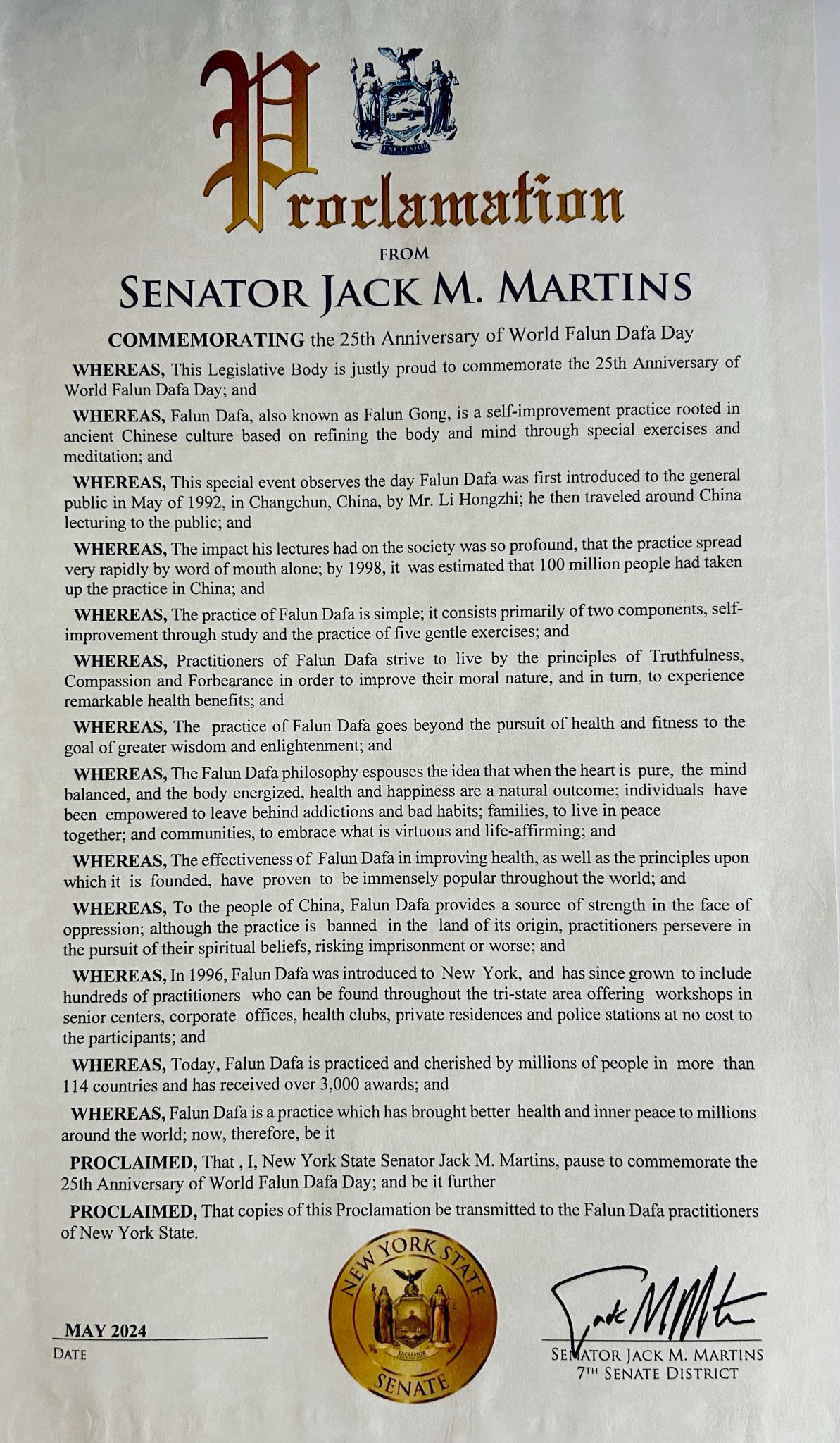 图4:纽约州第7选区参议员马丁(Jack Martins)的褒奖