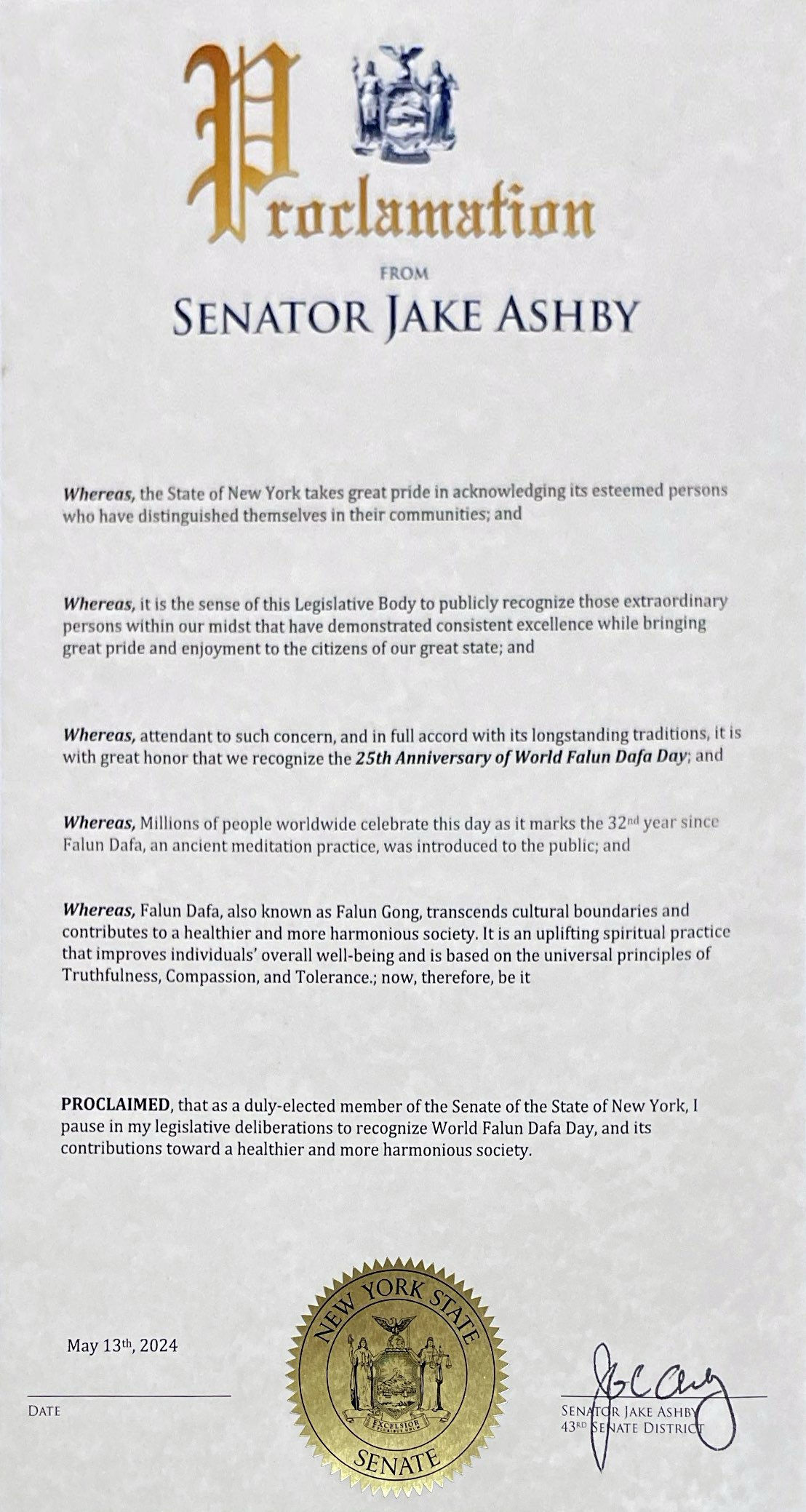 图5:纽约州第43选区参议员杰克‧阿什比(Jake Ashby)的褒奖