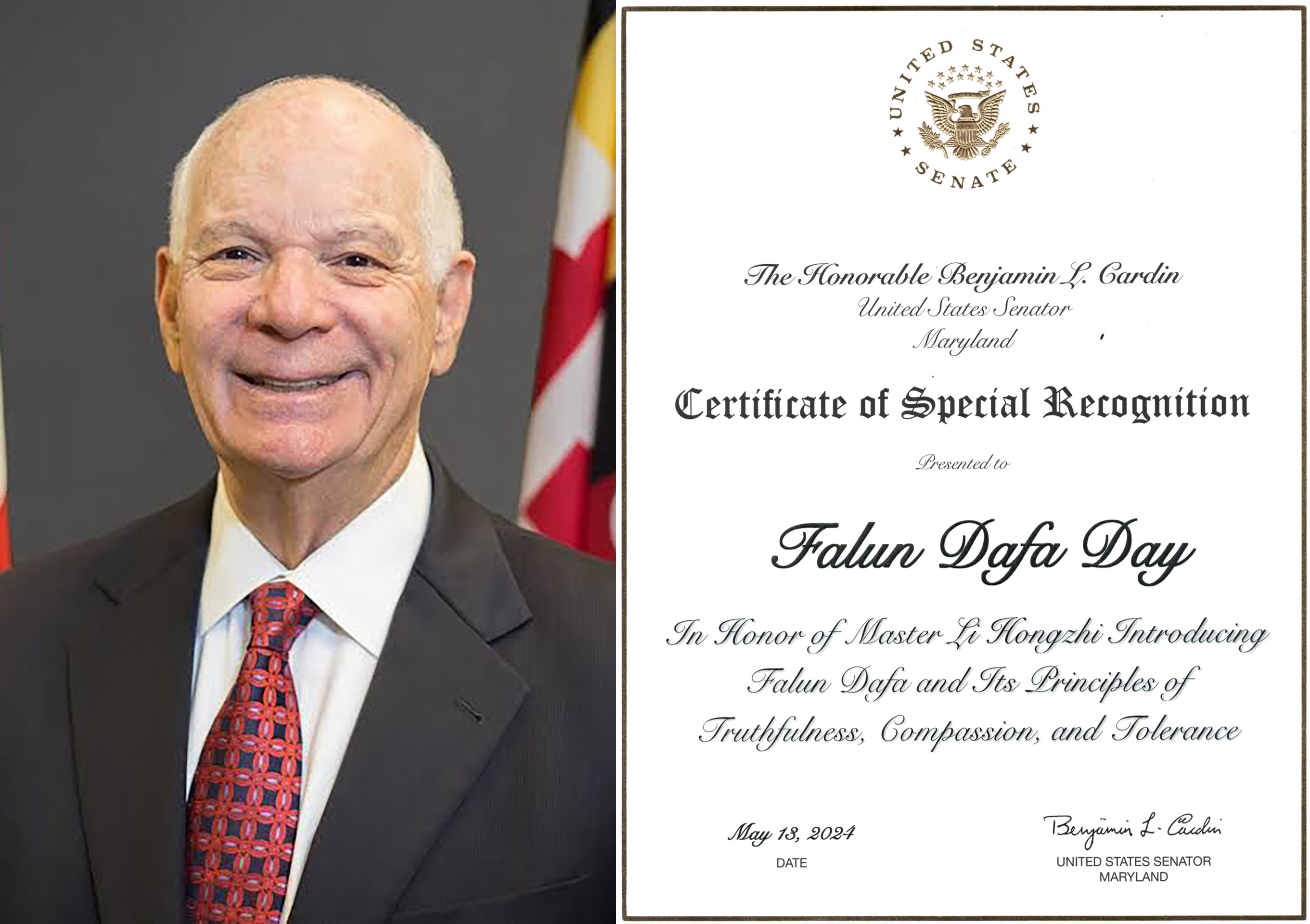 图7:美国参议院外交关系委员会主席,来自马里兰州的民主党联邦参议员本·卡丁(Ben Cardin)为“法轮大法日”颁发特别褒奖。