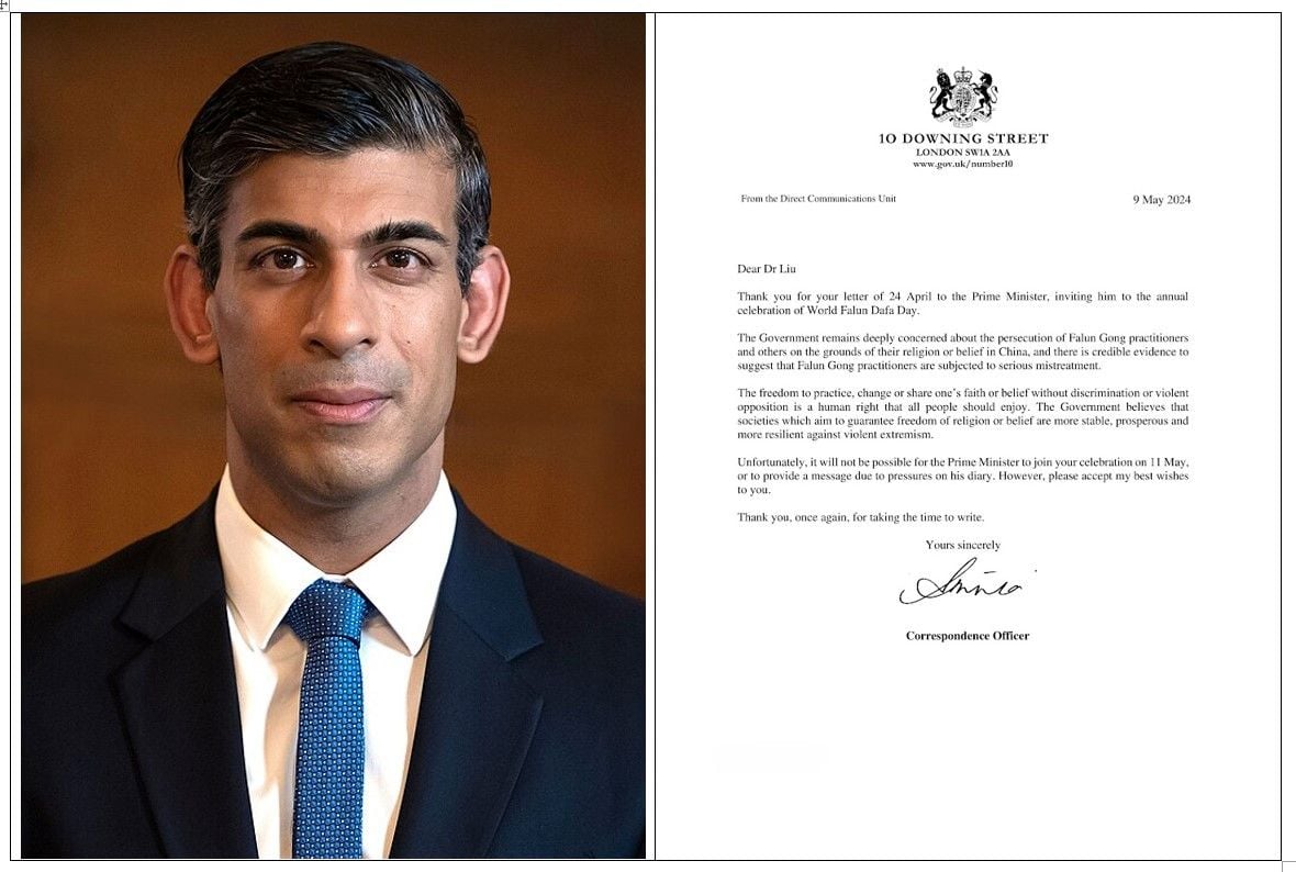 图10:在二零二四年“世界法轮大法日”来临之际,英国首相里希·苏纳克(Rishi Sunak)的办公室发信函,表达对法轮功的支持。