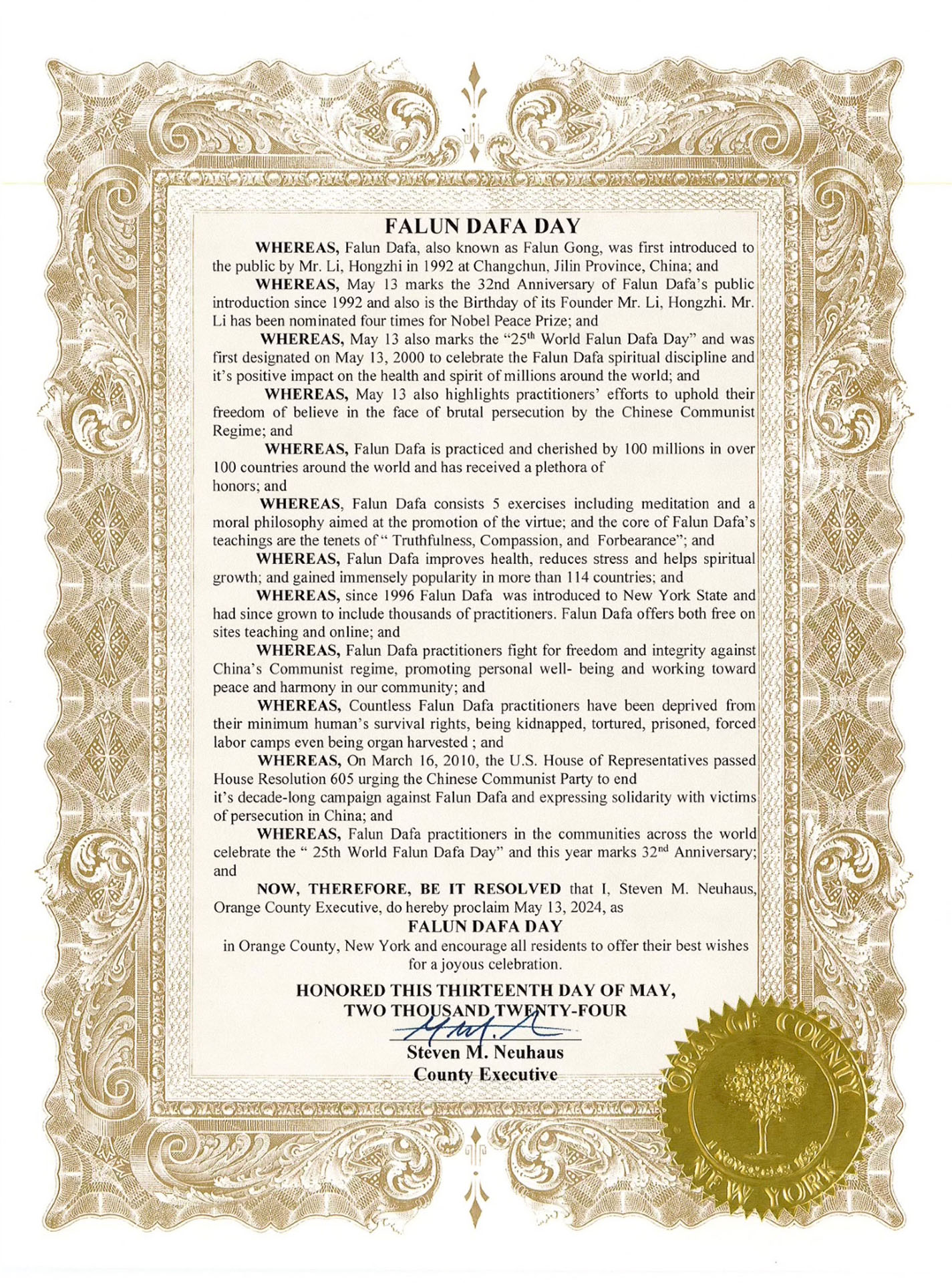 图2:纽约州橙县县长颁发褒奖信。