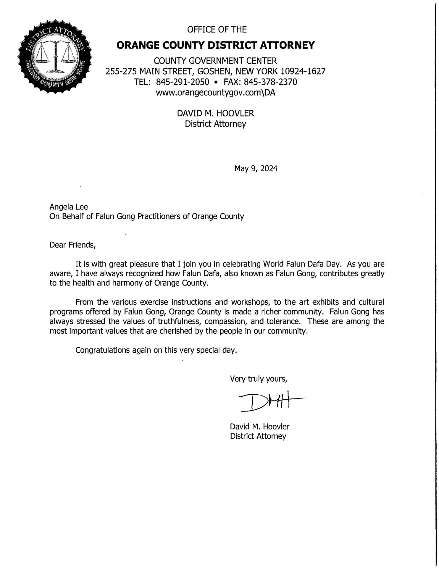 图3:纽约州橙县地区检察官发来祝贺信。