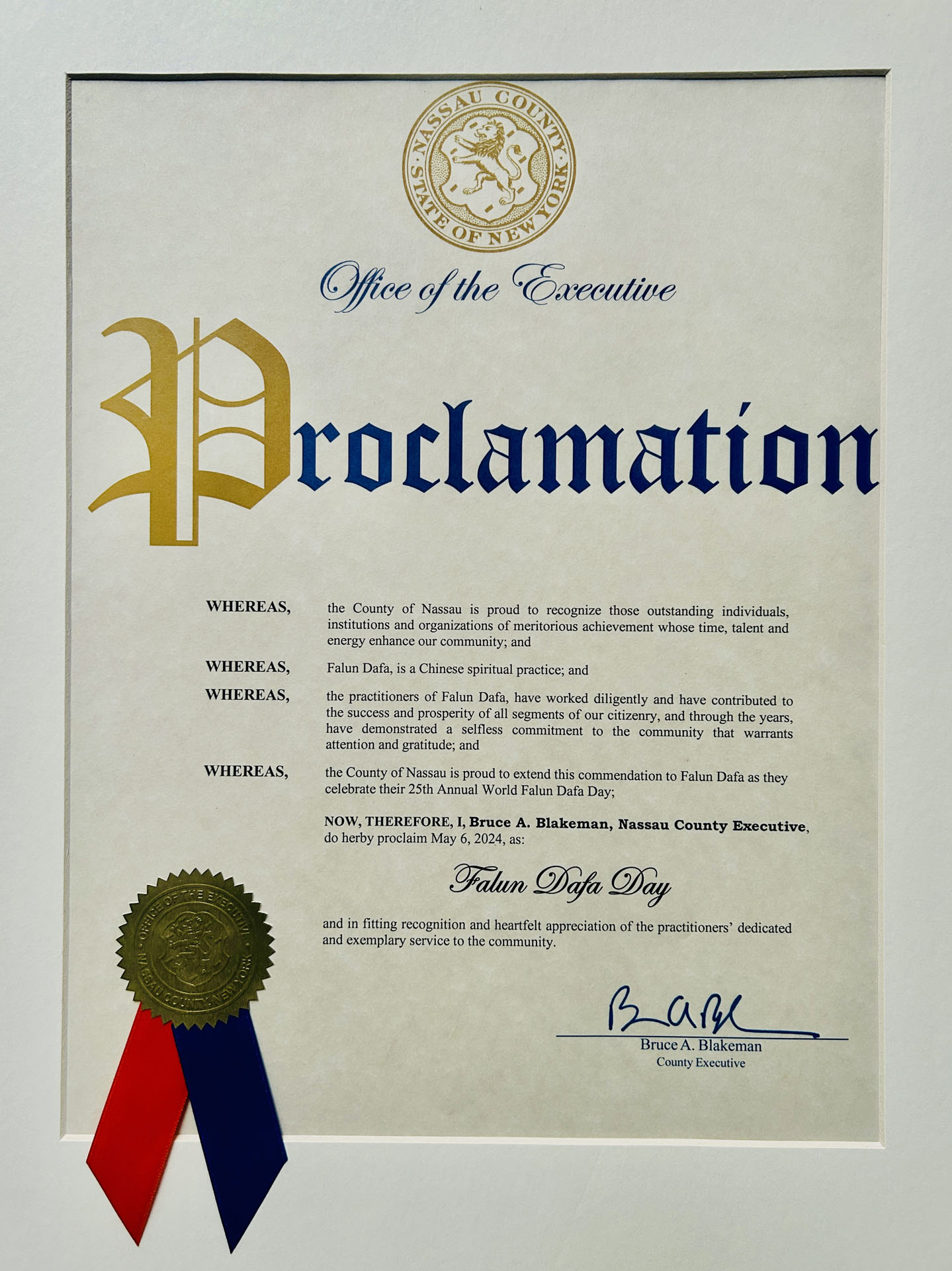 图4:纽约州拉萨县县长发来祝贺褒奖信。