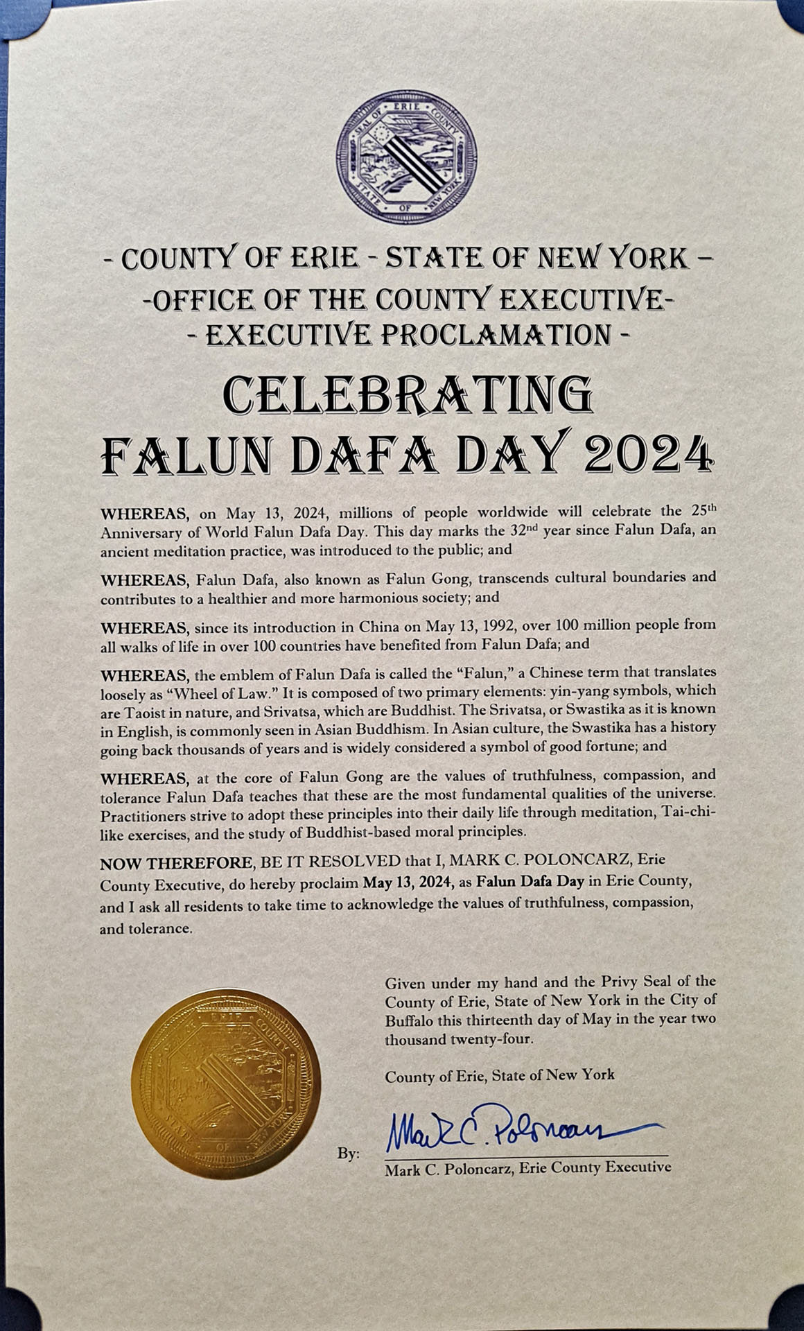 图5:纽约州伊利县长发来褒奖令。