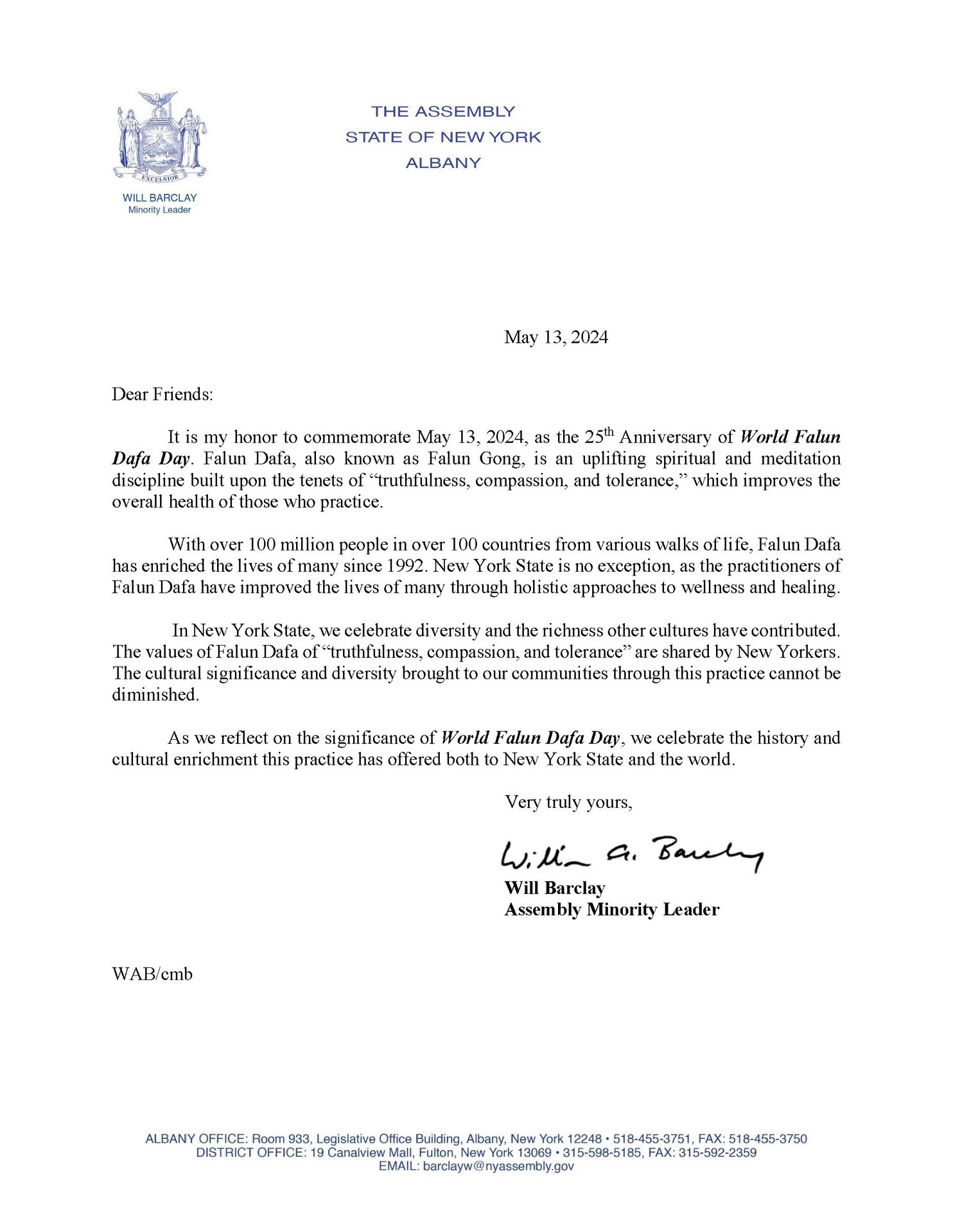 图3:纽约州众议院少数党(共和党)领袖、第120区众议员威尔‧巴克莱(Will Barclay)的贺信