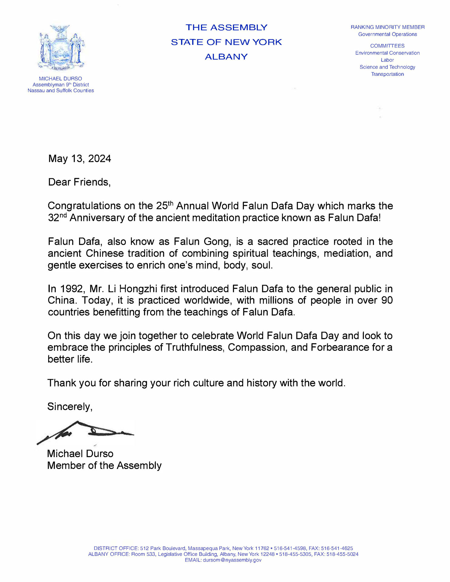 图10:第9选区众议员迈克尔‧杜尔索(Michael Durso)的贺信