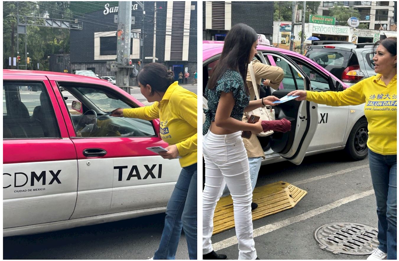 '图3~5:二零二四年七月二十日,在中领馆附近的一条主要大街上,学员们展开真相横幅,散发传单,向路人讲述法轮大法的美好和中共迫害的邪恶。'