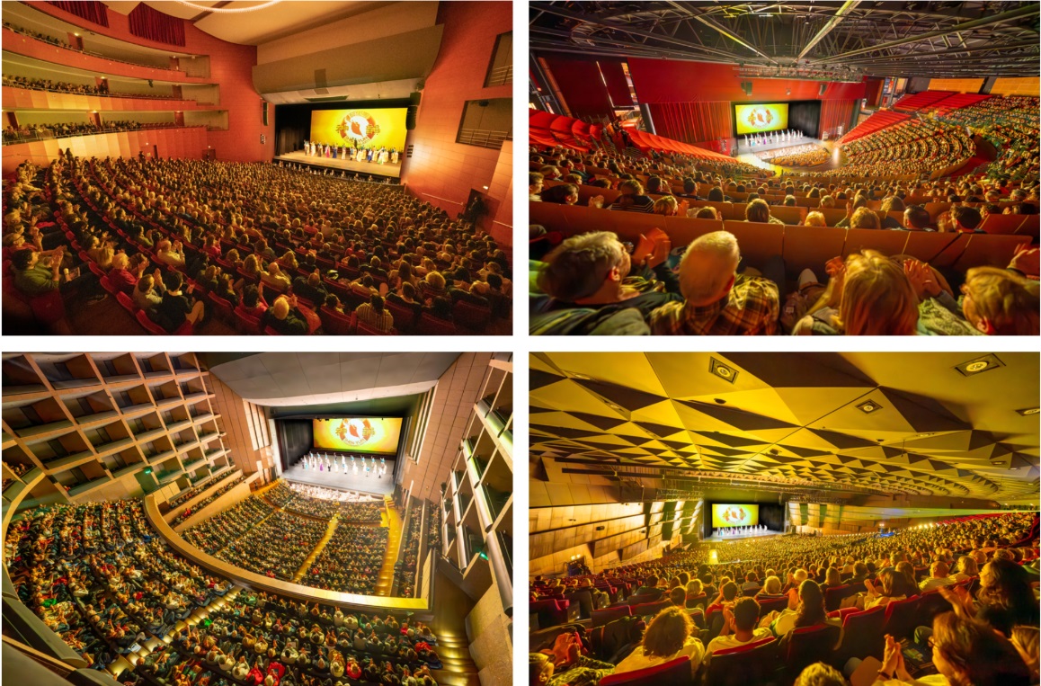 图8:神韵在法国演出的盛况。左上:二零二三年二月二十五日晚,神韵纽约艺术团在艾克斯普罗旺斯大剧院的第三场演出大爆满。右上:二零二四年四月二十一日下午,神韵新纪元艺术团在里昂国际城圆形剧场(L'Amphithéâtre 3000)进行的第八场演出爆满。左下:二零二四年四月二十六下午,神韵新纪元艺术团于蒙彼利埃柏辽兹歌剧院(Opéra Berlioz)进行的第五场演出大爆满。右下:二零二四年五月四日,神韵新纪元艺术团在巴黎国际会议中心进行了两场演出大爆满。图为当天下午场演出结束后,神韵艺术家谢幕。(明慧网合成)