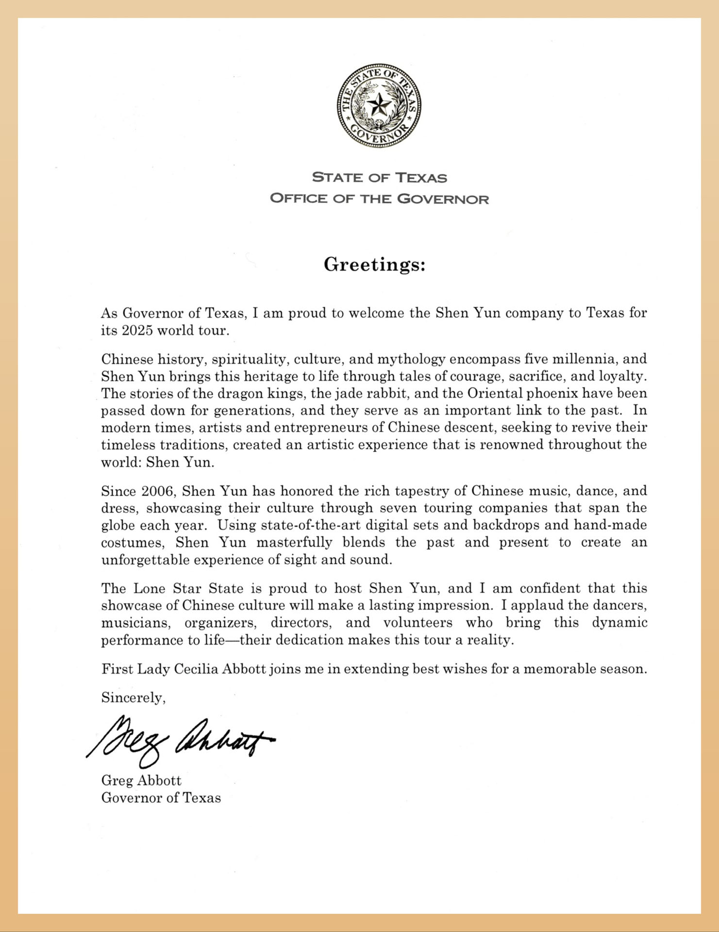 图5:德州州长格雷格·艾伯特(Greg Abbott)给神韵德州主办方发去贺信,欢迎神韵莅临德州巡回演出。(大<span style='max-width:0px!important;margin-left:-4px;color:#eee!important;'>.</span>纪<span style='max-width:0px!important;margin-left:-4px;color:#eee!important;'>.</span>元<span style='max-width:0px!important;margin-left:-4px;color:#eee!important;'>;</span>)