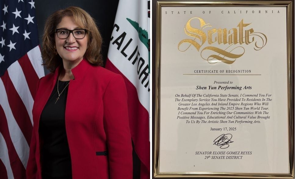 '图3:美国加州州参议员艾洛丝·雷耶斯(Eloise Reyes)为神韵演出发出嘉奖状。(明慧网合成)'