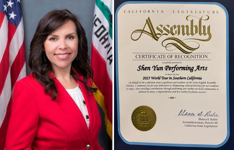 '图4:美国加州州议会第48选区议员布兰卡·鲁比奥(Blanca Rubio)为神韵演出发出嘉奖状。(明慧网合成)'