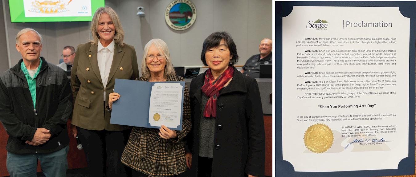 '图8:左图:二零二五年一月二十二日,圣地亚哥县桑提市(City of Santee)市议员劳拉∙科瓦尔(Laura Koval, 左二)代表市长和市议会宣布二零二五年一月二十三日为桑提市的“神韵艺术团日”。右图:圣地亚哥县桑提市给神韵艺术团的褒奖状。(明慧网合成)'